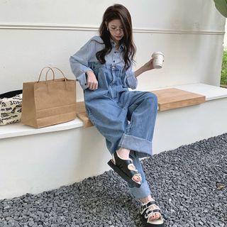 Long-sleeve Stripe Panel Denim Jumpsuit Blue - One Size
