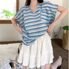 Short-sleeve Striped V-neck T-shirt / Plain Mesh Panel A-line Mini Skirt