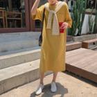 Letter Embroidered Striped Panel Elbow-sleeve T-shirt Dress