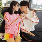 Couple Matching Set: Stripe Long-sleeve Sweatshirt + Sweatpants / Pleated Mini Skirt