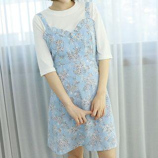 Petite Size - Frilled Floral Mini Pinafore Dress