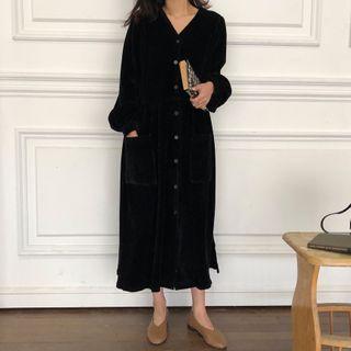 V Neck Plain Corduroy Long-sleeve Dress