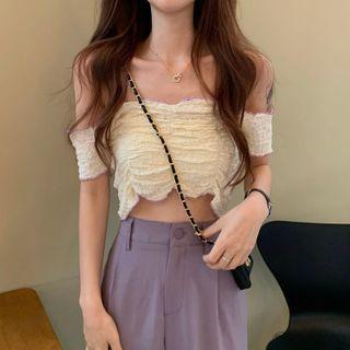 Contrast Trim Off-shoulder Crop Top As Shown In Figure - One Size