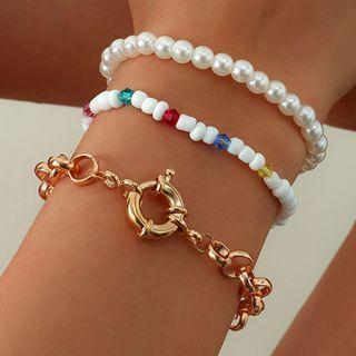 Set Of 3 : Faux Pearl / Bead / Alloy Bracelet White & Gold - One Size
