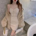 Fleece Open Jacket / Spaghetti Strap Mini Dress