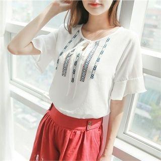 Tie-neck Ruffle-sleeve Embroidered Top