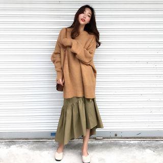 Plain Boxy Sweater / Bow-accent Ruffle Hem Midi A-line Skirt