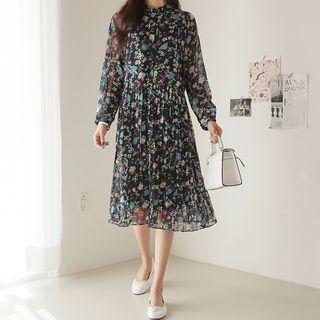 Mandarin-collar Pattern Midi Dress With Sash
