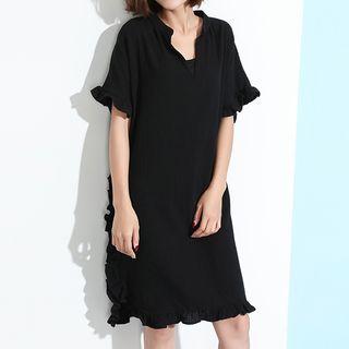 Split-neck Frilled Short-sleeve Dress