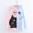Color Block Cat Print Hoodie Blue & Pink - One Size