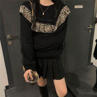 Leopard Print Panel Cable Knit Sweater