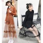 Set: Long-sleeve T-shirt Dress + Spaghetti Strap Midi Mesh Dress