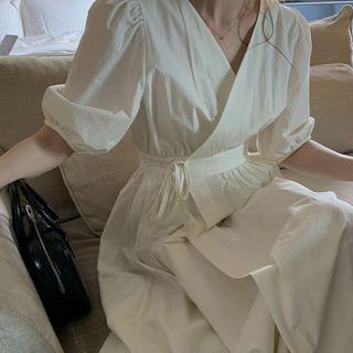 V-neck Midi A-line Dress Off-white - One Size