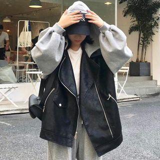 Hooded Faux Leather Panel Zip Jacket As Shown In Figure - One Size