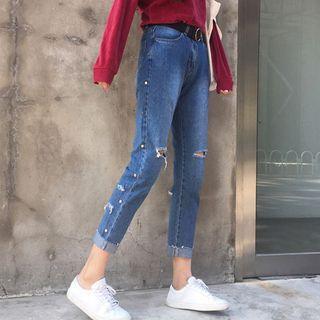 Ripped Studded Cropped Jeans