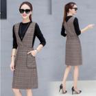 Set: Long-sleeve Plain Top + Plaid V-neck Pinafore Midi Dress