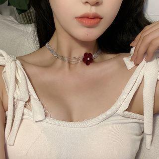 Flower Velvet Rhinestone Layered Choker Red Flower - Silver - One Size