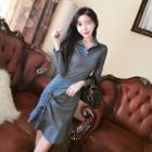 Drawstring Ruffle Hem Long-sleeve Collared T-shirt Dress