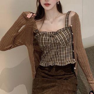 Plaid Camisole Top / Cardigan / Mini Skirt