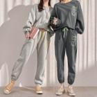 Set: Smile-printed Fleece-lined Pullover + Jogger Pants