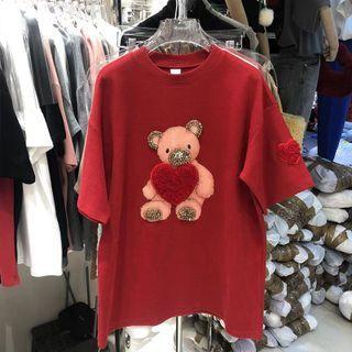 Elbow-sleeve Bear Print Embellished T-shirt