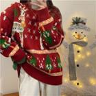 Long-sleeve Christmas Printed Knit Sweater Red - One Size
