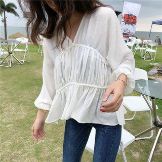 Frilled V-neck Long-sleeve Blouse White - One Size