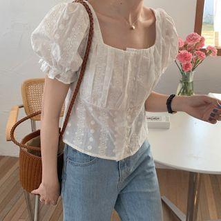 Square-neck Lantern-sleeve Lace Cropped Blouse