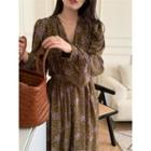 Long-sleeve V-neck Floral Midi A-line Dress Brown - One Size