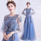 Elbow-sleeve Embroidered Mesh A-line Gown