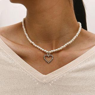 Faux Pearl Heart Necklace 54383 - Silver - One Size