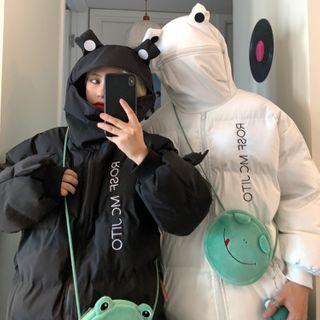 Couple Matching Frog Zip Hooded Lettering Padded Zip Jacket