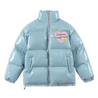 Stand-collar Heart Print Faux Leather Padded Jacket