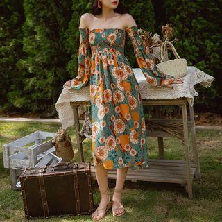 Long-sleeve Floral Print Off-shoulder Midi Dress Yellow & Blue - One Size