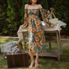 Long-sleeve Floral Print Off-shoulder Midi Dress Yellow & Blue - One Size