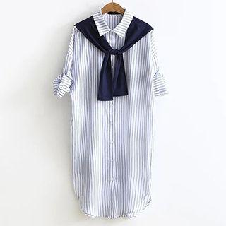 Mock Two Piece Striped Elbow Sleeve Shirt Dress