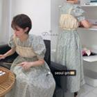 Set: Short-sleeve Floral Print Midi A-line Dress + Vest