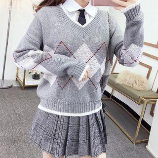 Shirt / Plaid Pleated Mini Skirt / Pattern Sweater / Set
