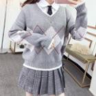 Shirt / Plaid Pleated Mini Skirt / Pattern Sweater / Set