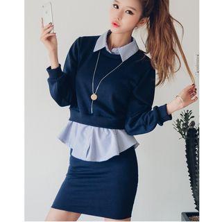 Set: Striped Mock Two-piece Top + Mini Skirt