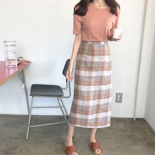 Plaid Linen H-line Midi Skirt Light Brown - One Size