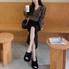Leopard-print V-neck Cardigan / Slit-front Midi Skirt