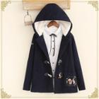 Fleece-lined Embroidered Hooded Buttoned Coat