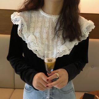 Lace Panel Eyelet Trim Velvet Blouse Black - One Size