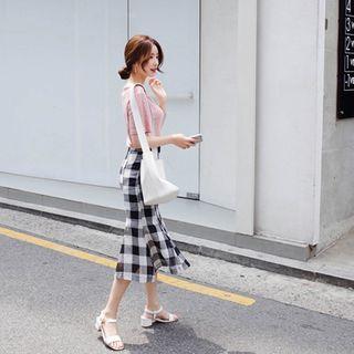 Gingham Linen Blend Midi Mermaid Skirt