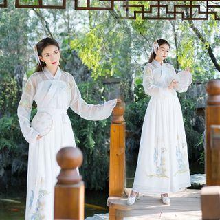 Embroidered Spaghetti-strap Maxi A-line Dress / Long-sleeve Wrap Top