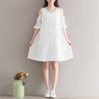 Set: Printed Sleeveless Dress + Lettering Applique Cold Shoulder Short-sleeve A-line Dress