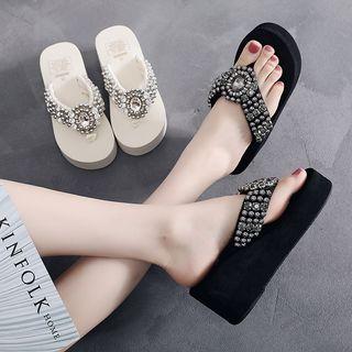 Rhinestone Platform Furry Flip-flops