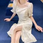 Short-sleeve Faux Pearl Trim Lace Mermaid Dress