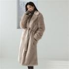 Open-front Faux-fur Coat With Sash Beige - One Size